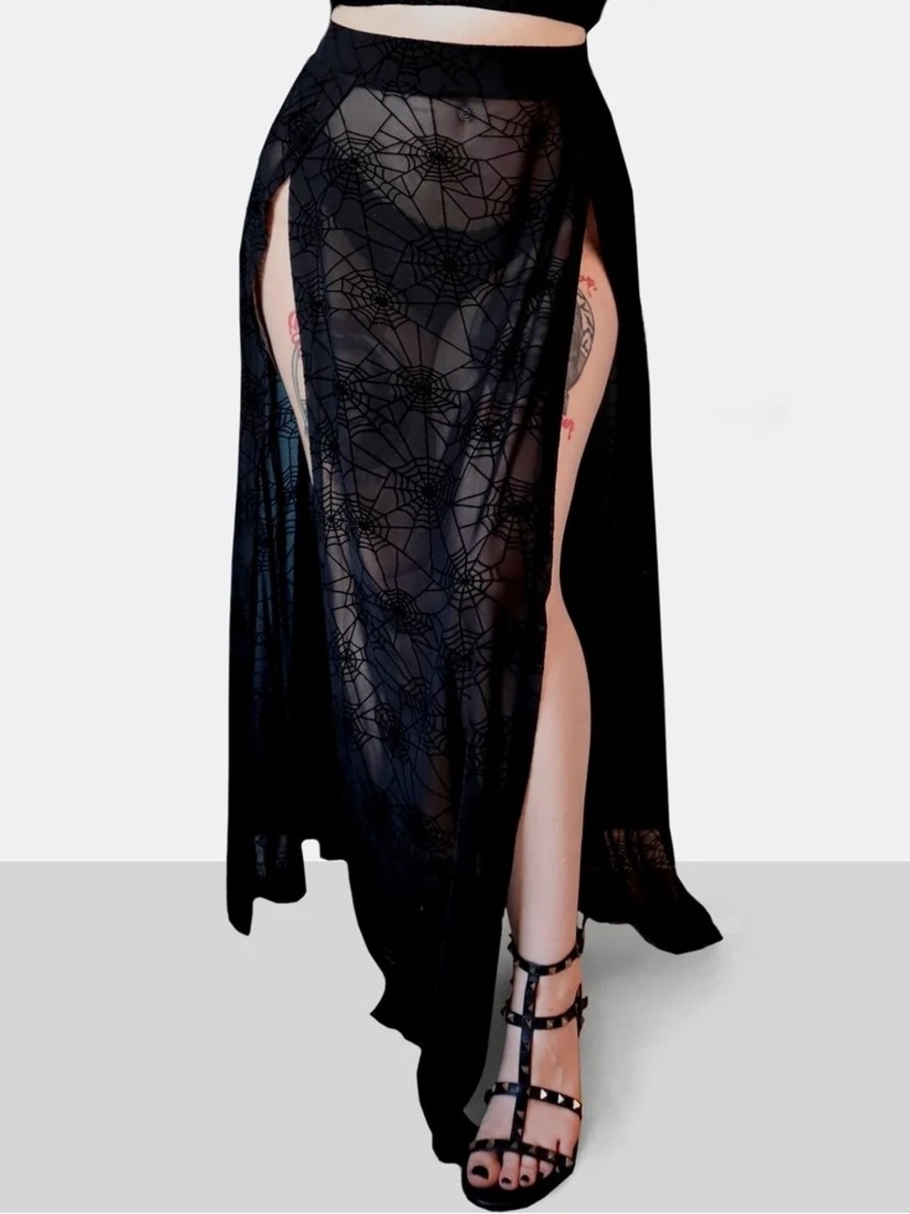 Forest Ink Spiderweb M-Line Maxi Mesh Sheer Skirt Sexy Pinup Goth Alternative - Picture 2 of 8
